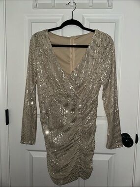 Metallic Champagne Sequin Wrap-Front Long Sleeve Dress